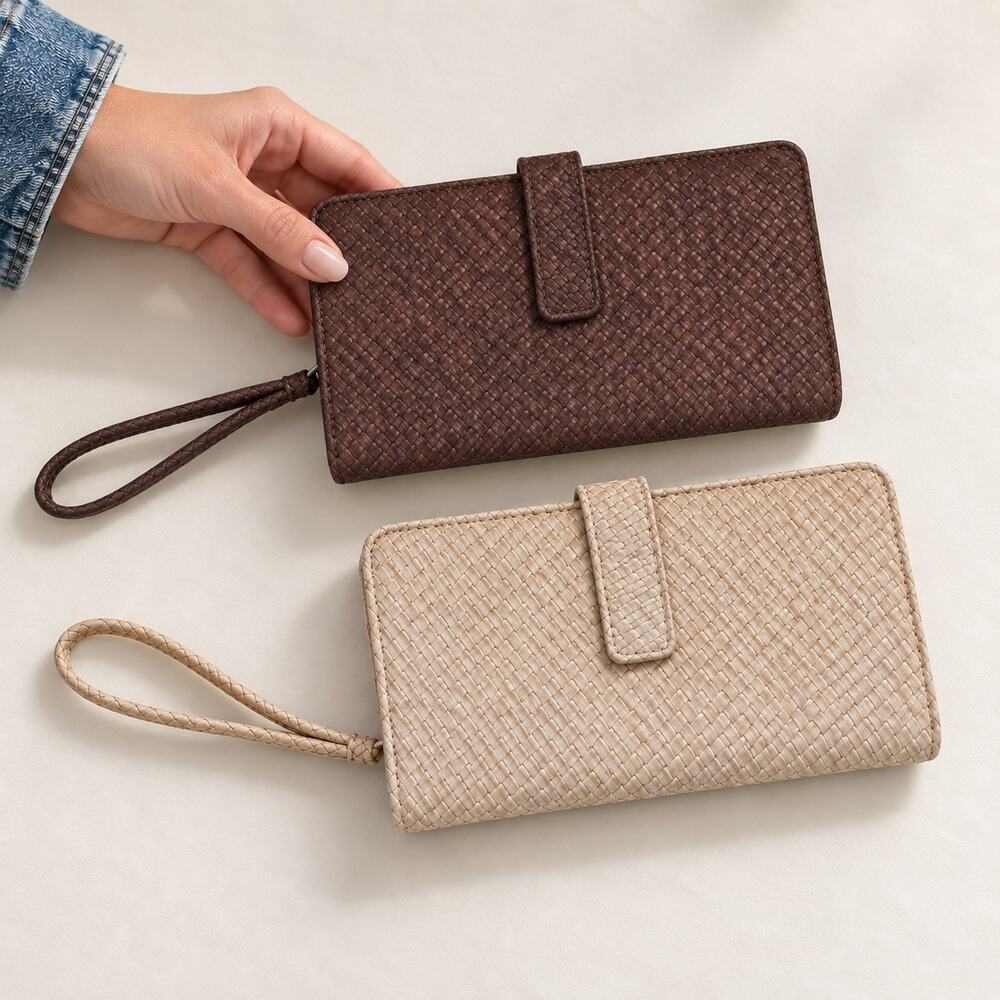Set of 2 Woven Faux Leather Wristlet Wallets Boho Continental Clutch Brown Beige